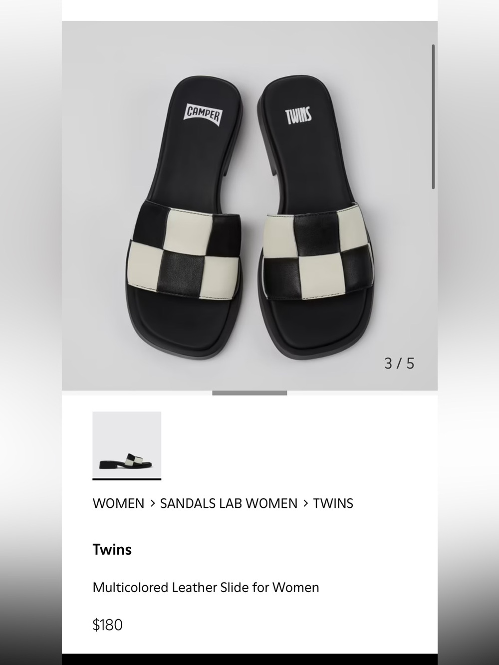 Camper Twins Checkerboard Black and White Leather Slide Sandals